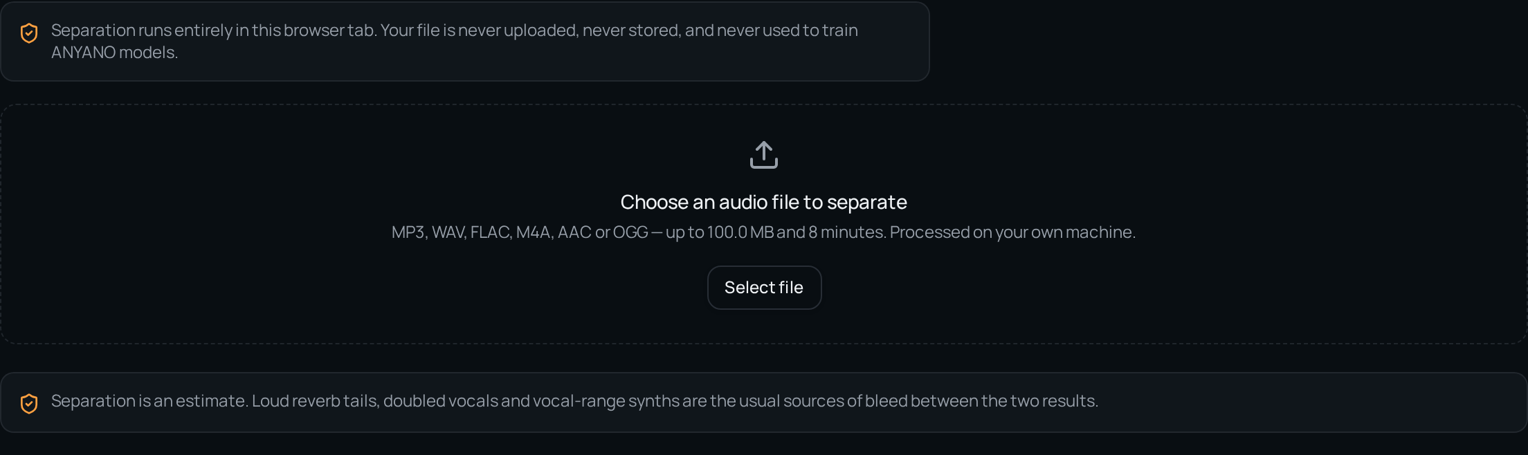 The AI Vocal Remover before you choose a file: separation happens in the browser tab, and the limits are stated up front.